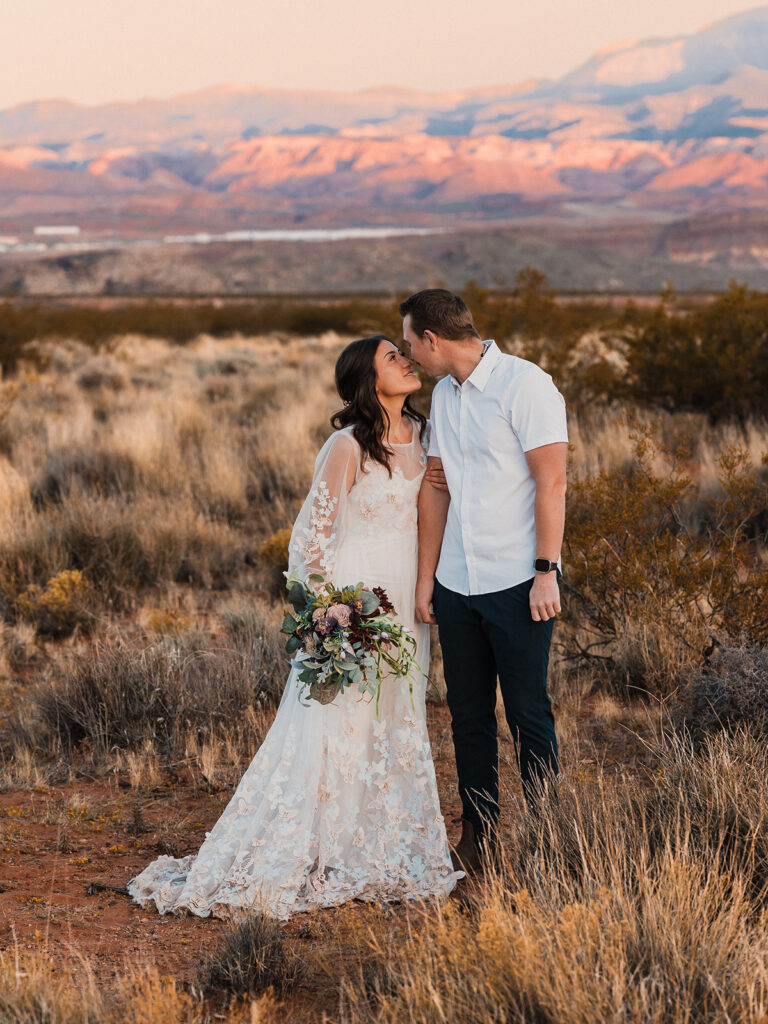 bride and groom romantic elopement photo during a styled shoot in Zion