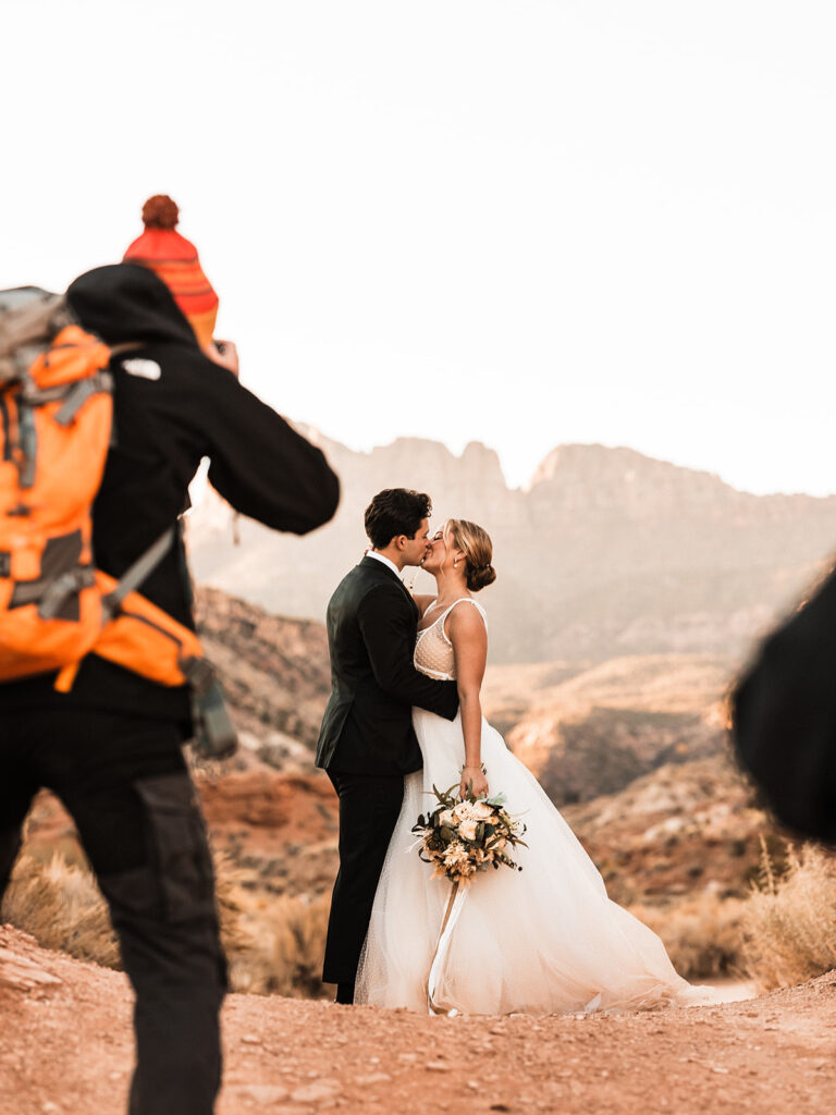 bride and groom romantic elopement photo during a styled shoot in Zion